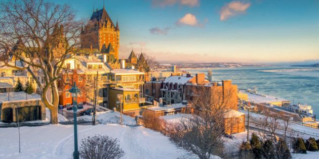 A sunrise shot from little hill near the grand hotel and St.Lawrence river. The shot captures the golden hour in the morning of the winter. The hill was completely covered by snow.