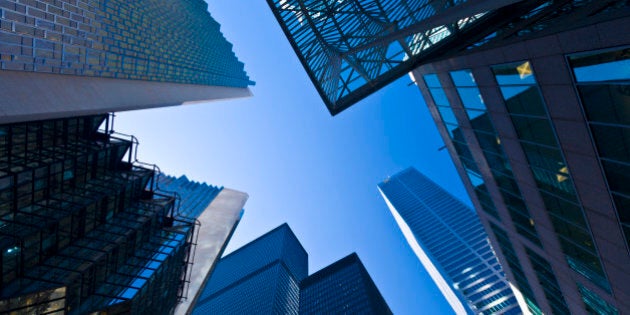 Low angle view of skyscrapers, Bay Street, Toronto, ON, Canada. Bay Street is the financial center of Toronto and Canada.