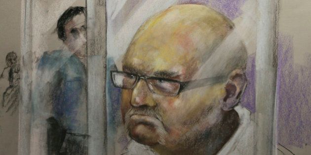 Richard Henry Bain, the suspect for the shooting at the Metropolis on Tuesday night, is being arraigned in the Montreal courthouse, in this artist's courtroom sketch made September 6, 2012. One man died and another was injured outside the theatre where Parti Quebecois PQ victory rally took place. Bain's brief court appearance was his first in public since television footage that showed police bundling him into a police car after two people were shot outside the rally after Tuesday's election. REUTERS/Mike McLaughlin (CANADA - Tags: CIVIL UNREST CRIME LAW ELECTIONS POLITICS) TV OUT. NOT FOR SALE TO TELEVISION BROADCASTERS