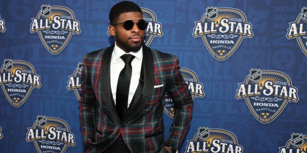 Jan 30, 2016; Nashville, TN, USA; Atlantic Division defenseman P.K. Subban (76) of the Montreal Canadiens stands on the red carpet prior to the 2016 NHL All Star Game Skills Competition at Bridgestone Arena. Mandatory Credit: Aaron Doster-USA TODAY Sports