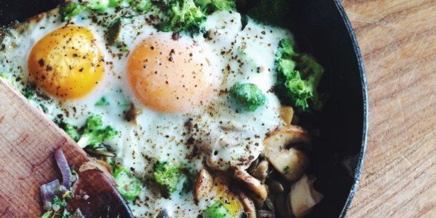 Fried eggs with mushrooms and broccoli