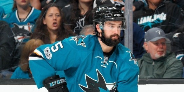 SAN JOSE, CA - APRIL 22: David Schlemko #5 of the San Jose Sharks looks during play against the Edmonton Oilers in Game Six of the Western Conference First Round during the 2017 NHL Stanley Cup Playoffs at SAP Center at San Jose on April 22, 2017 in San Jose, California. (Photo by Scott Dinn/NHLI via Getty Images)