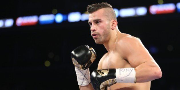 David Lemieux in action against Gabriel Rosado during their middleweight fight at the Barclay's Center in Brooklyn, NY on Saturday, November 6, 2014. Lemieux won via 10th round TKO. (AP Photo/Gregory Payan)