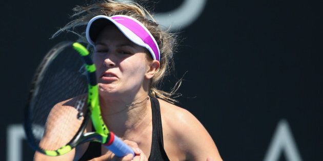 HOBART, AUSTRALIA - JANUARY 15: Eugenie Bouchard of Canada plays a forehand in her semi-final singles match against Dominika Cibulkova of Slovakia during day six of the 2016 Hobart International at the Domain Tennis Centre on January 15, 2016 in Hobart, Australia. (Photo by Robert Cianflone/Getty Images)