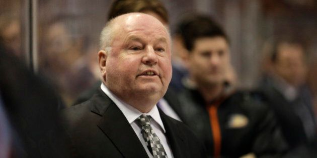 FILE - In this April 8, 2015 file photo, Anaheim Ducks head coach Bruce Boudreau coaches his team during the first period of an NHL hockey game against the Dallas Stars, in Anaheim, Calif. The Anaheim Ducks have fired coach Bruce Boudreau after their first-round exit from the playoffs. Ducks general manager Bob Murray announced the decision Friday, April 29, 2016. (AP Photo/Jae C. Hong, File)