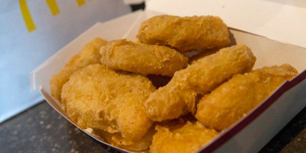 A McDonald's 10 piece chicken McNuggets is photographed at the Times Square location in New York March 4, 2015. McDonald's Corp's U.S. restaurants will gradually stop buying chicken raised with antibiotics vital to fighting human infections, the most aggressive step by a major food company to force chicken producers to change practices in the fight against dangerous