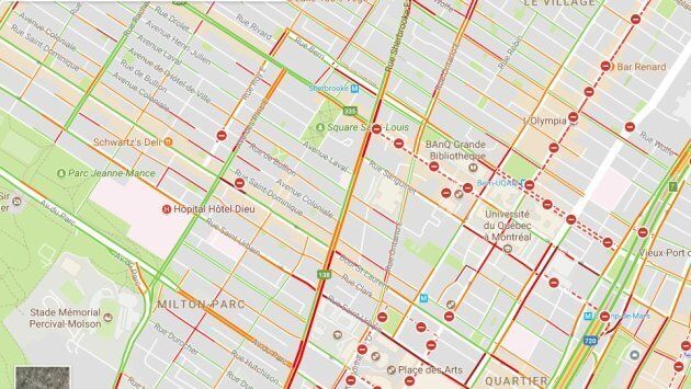 Indication du trafic et des enclaves sur Google maps à 16h30, jeudi.