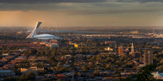 Color picture of the Olympic Stadium, viewed from the Mont-Royal, Montreal. Large shot. Photographed at the magic hour.