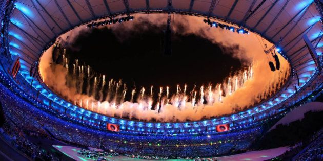 2016 Rio Olympics - Opening ceremony - Maracana - Rio de Janeiro, Brazil - 05/08/2016. Fireworks explode during the opening ceremony. Picture taken with a fisheye lens REUTERS/Ivan Alvarado FOR EDITORIAL USE ONLY. NOT FOR SALE FOR MARKETING OR ADVERTISING CAMPAIGNS
