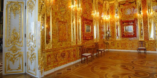 View of the Amber Room just before its opening after a completerestoration in the Catherine Palace in St. Petersburg May 31, 2003.Russian President Vladimir Putin and German Chancellor GerhardSchroeder on Saturday officially opened the painstakingly recreatedAmber Room, a chamber in the Catherine Palace in the suburb ofTsarskoye Selo that was lost after German troops dismantled and cartedit off during World War II. REUTERS/Pool/Alexander ZemlianichenkoREUTERSwaw