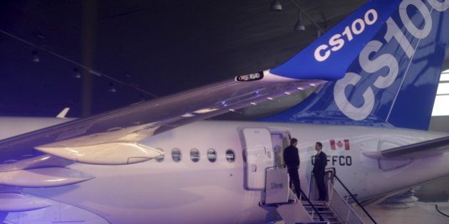 Latvia's national airline AirBaltic, a launch partner, and Canada's Bombardier present a new CS100 aircraft in Riga international airport, Latvia, November 27, 2015. REUTERS/Ints Kalnins