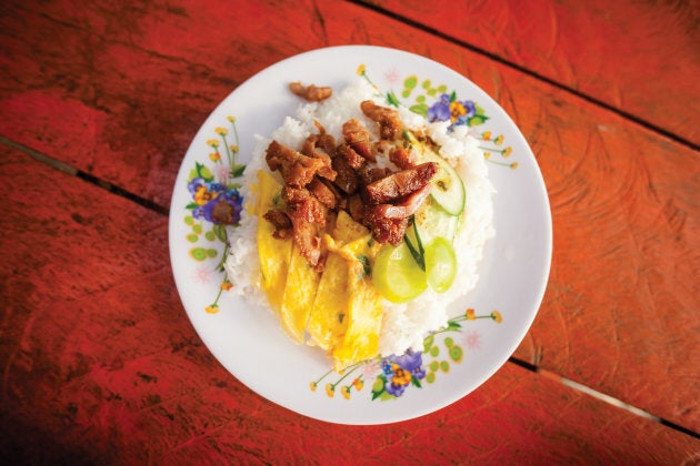 Fresh fried dried pork served with egg omelette. Traditional khmer cuisine.