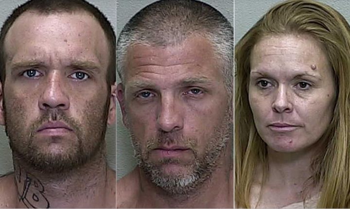 Police in Marion County, Florida, said Brandon Hayley (left), Lucian Evans (center) and Mary Elizabeth Durham (right) collaborated with a fourth suspect to forcibly tattoo a misspelled racial slur on a man’s neck.