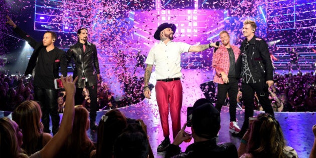 LAS VEGAS, NV - MARCH 01: (L-R) Singers Howie Dorough, Kevin Richardson, AJ McLean, Brian Littrell and Nick Carter of the Backstreet Boys perform during the launch of the group's residency 'Larger Than Life' at The Axis at Planet Hollywood Resort & Casino on March 1, 2017 in Las Vegas, Nevada. in Las Vegas, Nevada. (Photo by Denise Truscello/WireImage)