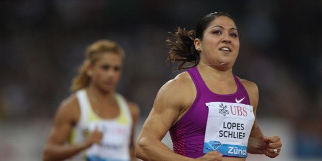 ZURICH, SWITZERLAND - AUGUST 19: Priscilla Lopes-Schliep of Canada celebrates victory in the women's 100m during the Iaaf Diamond League meeting at the Letzigrund Stadium on August 19, 2010 in Zurich, Switzerland. (Photo by Michael Steele/Getty Images)