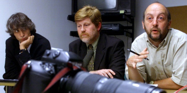 Two senior representatives from Belgium's two biggest journalists' trade unions Philippe Leruth (R) of AGJPB and Luc Standaert (C) of AJPB together with freelance photographer Peter-Vincent Schuld (L) hold a news conference in Brussels on July 5 following clashes by demonstrators against audio-visual journalists at a farm protest on Sunday in Brussels. Journalists expressed their outrage after journalist and photographers and their equipment were attacked during the demo and deplored the fact that rioters had singled the press out as a target for indiscriminate violence.BEN/APO/WS