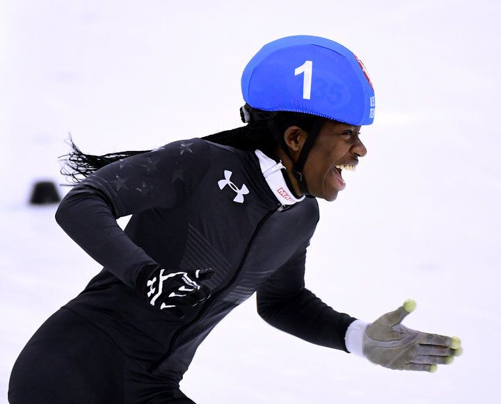 Biney célébrant sa victoire pendant les essais de l'équipe olympique en décembre 2017.