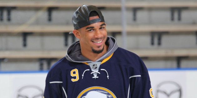 BUFFALO, NY - JUNE 23: Evander Kane #9 of the Buffalo Sabres participates in the Top Prospects Clinic at the Harborcenter on June 23, 2016 in Buffalo, New York. (Photo by Bill Wippert/NHLI via Getty Images)