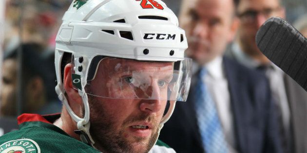 BUFFALO, NY - MARCH 05: Thomas Vanek #26 of the Minnesota Wild watches the action during his NHL game against the Buffalo Sabres on March 5, 2016 at the First Niagara Center in Buffalo, New York. (Photo by Bill Wippert/NHLI via Getty Images)