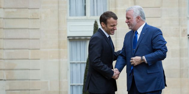 Le président français Emmanuel Macron et le premier ministre du Québec Philippe Couillard.