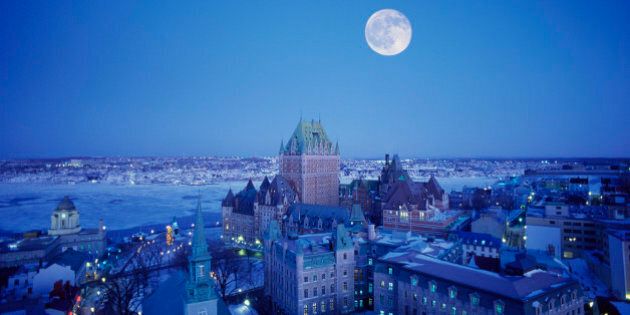 Canada, Quebec City, Le Chateau Frontenac and St Lawrence River under full moon