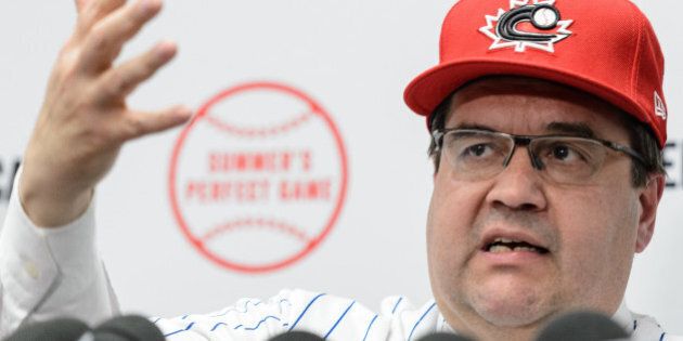 MONTREAL, QC - APRIL 01: Montreal's Mayor Denis Coderre addresses the media prior to the MLB spring training game between the Toronto Blue Jays and the Boston Red Sox at Olympic Stadium on April 1, 2016 in Montreal, Quebec, Canada. (Photo by Minas Panagiotakis/Getty Images)
