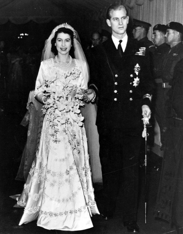 Queen Elizabeth II, as Princess Elizabeth, and her husband the Duke of Edinburgh, styled Prince Philip in 1947, on their wedding day, 1952.