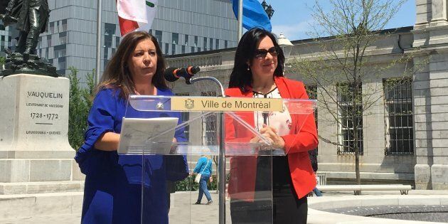 La mairesse de Sainte-Anne-de-Bellevue, Paola Hawa (gauche) et la mairesse de Montréal, Valérie Plante (droite).