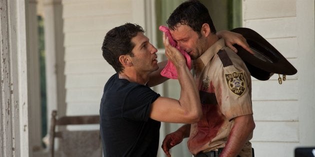 Jon Bernthal et Andrew Lincoln sur le tournage de la saison 2 de la série «The Walking Dead».