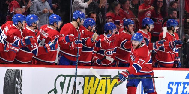 MONTREAL, QC - NOVEMBER 8: Alex Galchenyuk #27 of the Montreal Canadiens celebrates with the bench after scoring a goal against the Boston Bruins in the NHL game at the Bell Centre on November 8, 2016 in Montreal, Quebec, Canada. (Photo by Francois Lacasse/NHLI via Getty Images)