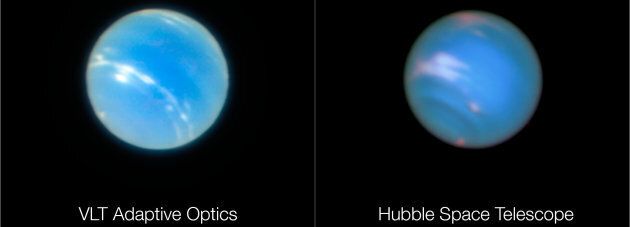 La photo prise par le VLT est à gauche, celle d'Hubble à droite.