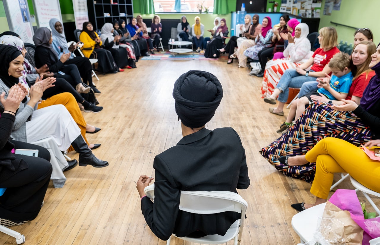 Rep. Ilhan Omar meets with community members at the RISE (Reviving Sisterhood) office in North Minneapolis on April 24, 2019. RISE is a nonprofit organization that works to cultivate leadership and civic engagement among Muslim women.