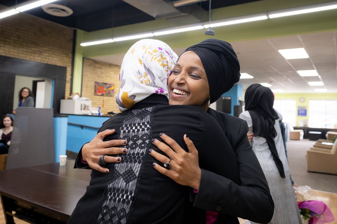 Representative Ilhan Omar greets community members at the RISE (Reviving Sisterhood) office in North Minneapolis on April 24, 2019.