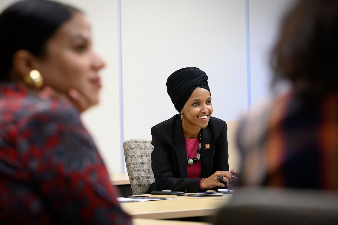 Omar meets with employees of Northpoint Health & Wellness Center in North Minneapolis on April 24, 2019.