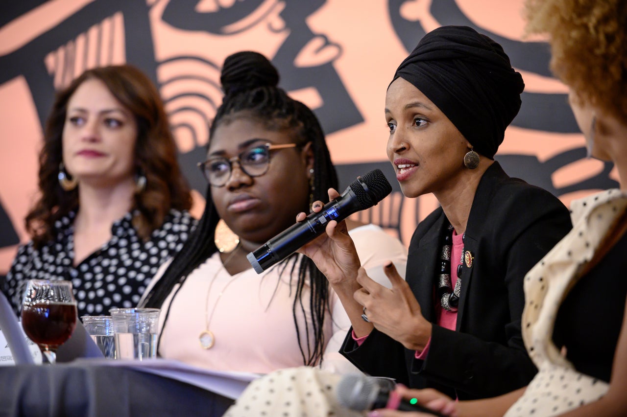 Omar speaks on a panel during the Paycheck Fairness and Women's Workforce Development Town Hall in Minneapolis on April 24, 2019.