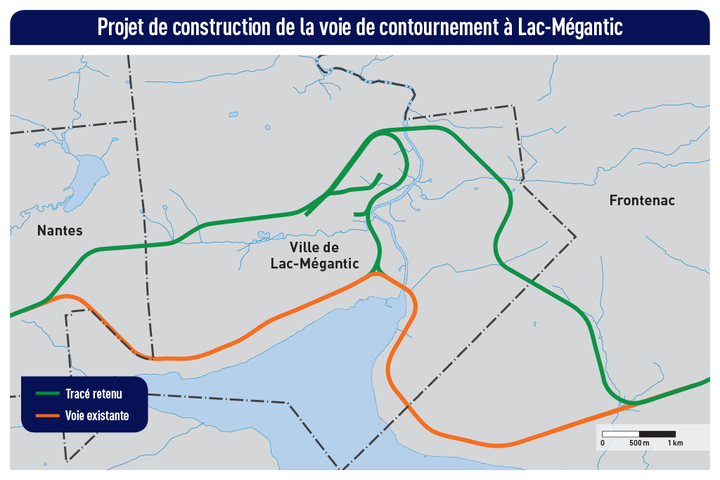 En vert, le tracé retenu pour la voie de contournement. Le chemin de fer actuel est en orangé.