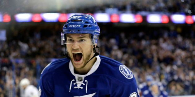 Tampa Bay Lightning's Jonathan Drouin celebrates after scoring a goal against the Pittsburgh Penguins during the second period of Game 4 of the NHL hockey Stanley Cup Eastern Conference finals Friday, May 20, 2016, in Tampa, Fla. (AP Photo/Chris O'Meara)