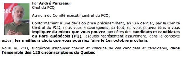 Extrait de l'appui officiel du chef du PCQ, André Parizeau, au Parti québécois.