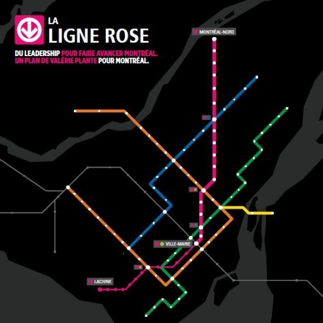 La ligne rose proposée par Valérie Plante relierait Montréal-Nord au centre-ville. Une seconde phase en surface se rendrait à Lachine.