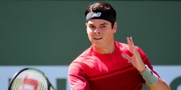 INDIAN WELLS, CA - MARCH 19: Milos Raonic of Canada hits a forehand as he beats David Goffin of Belgium during day thirteen of the 2016 BNP Parisbas Open at Indian Wells Tennis Garden on March 19, 2016 in Indian Wells, California. (Photo by Harry How/Getty Images)