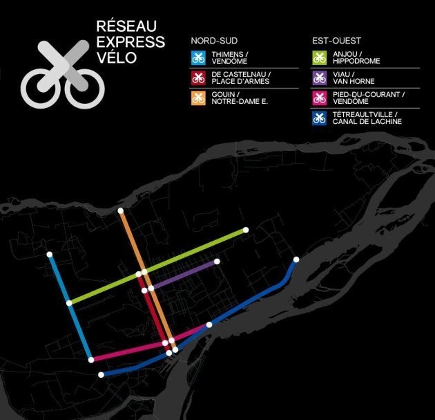 Le tracé du futur Réseau express vélo tel que présenté par l'administration Plante.