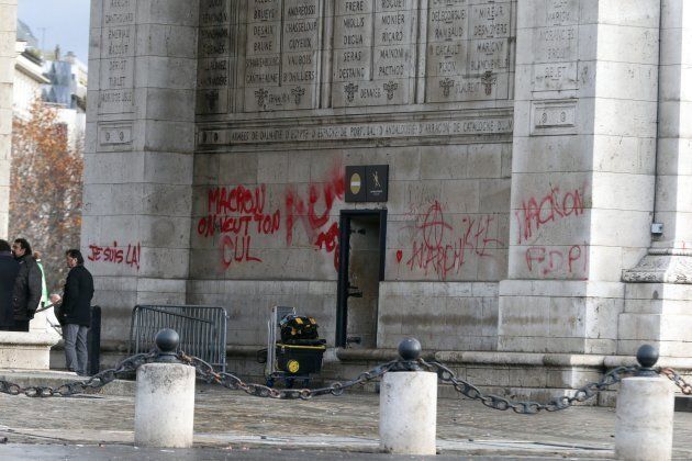 The pillars of the Arc de Triomphe monument tagged in Paris on December 2, 2018, a day after clashes during a protest of Yellow vests (Gilets jaunes) against rising oil prices and living costs. Anti-government protesters torched dozens of cars and set fire to storefronts during daylong clashes with riot police across central Paris, as thousands took part in fresh "yellow vest" protests against high fuel taxes. (Photo by Michel Stoupak/NurPhoto/Sipa USA)