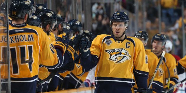 NASHVILLE, TN - DECEMBER 21: Shea Weber #6 of the Nashville Predators celebrates his goal along the bench against the Montreal Canadiens during an NHL game at Bridgestone Arena on December 21, 2015 in Nashville, Tennessee. (Photo by John Russell/NHLI via Getty Images)
