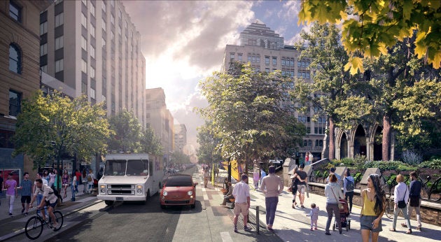 Le concept choisi pour la nouvelle rue Sainte-Catherine, entre de Bleury et Mansfield. La Ville étudie la possibilité de l'étendre jusqu'à Atwater.