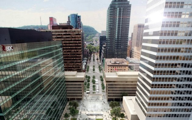 Vue aérienne de la Place Ville-Marie et de l'avenue McGill College.