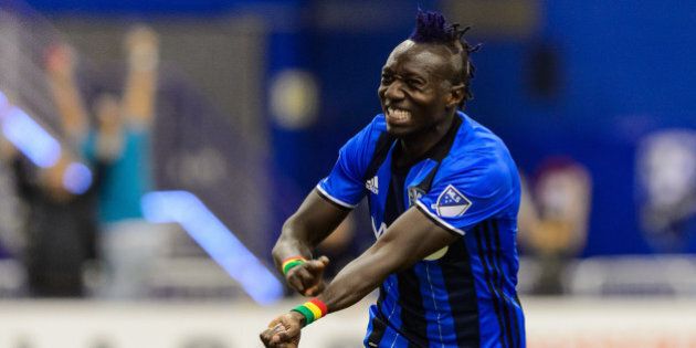 MONTREAL, QC - MARCH 12: Dominic Oduro #7 of the Montreal Impact reacts after scoring early in the second half during the MLS game against the New York Red Bulls at the Olympic Stadium on March 12, 2016 in Montreal, Quebec, Canada. (Photo by Minas Panagiotakis/Getty Images)