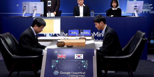 SEOUL, SOUTH KOREA - MARCH 10: In this handout image provided by Google, South Korean professional Go player Lee Se-Dol (R) prepares for his match against Google's artificial intelligence program, AlphaGo, during the Google DeepMind Challenge Match on March 10, 2016 in Seoul, South Korea. Lee Se-dol is playing a five-match series against a computer program developed by a Google, AlphaGo. (Photo by Google via Getty Images)