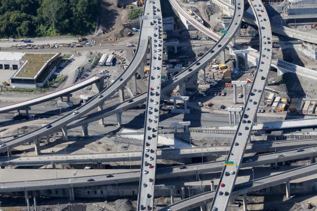 Montreal, September 10, 2017. Aerial view over the Turcot interchange construction project in Montreal. The old interchange is being replaced with a modernized structure that is now 50% completed. This mega project is one of Canada's largest transportation hub.