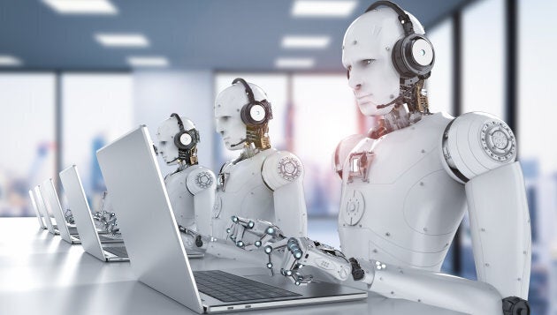 3d rendering humanoid robots working with headset and notebook