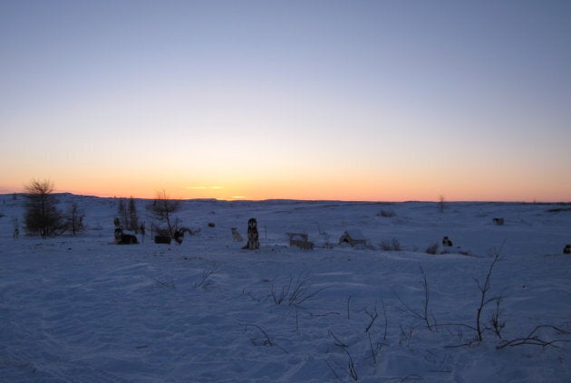 La rivière gelée d'un côté, l'horizon vallonné et dénudé d'arbres de l'autre. On ne croise personne sur la route, mais une quinzaine de chiens de traîneaux. Et ici et là, de petites cabanes de bois.